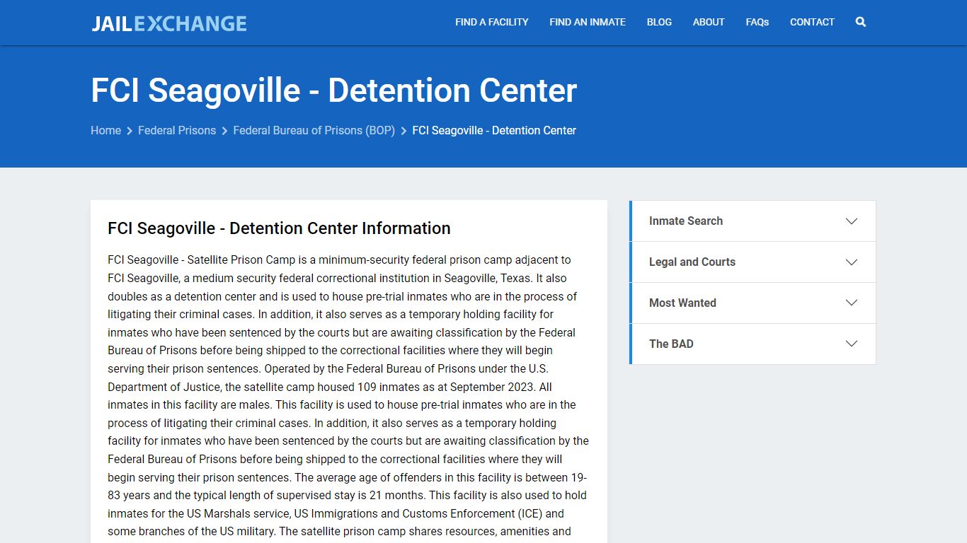 Federal Inmate Search - FCI Seagoville - Detention Center - Jail Exchange